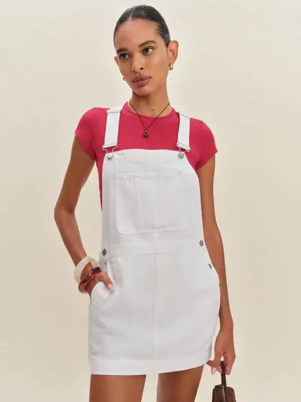 Reformation White Denim Overall Skirt with Pink Tee